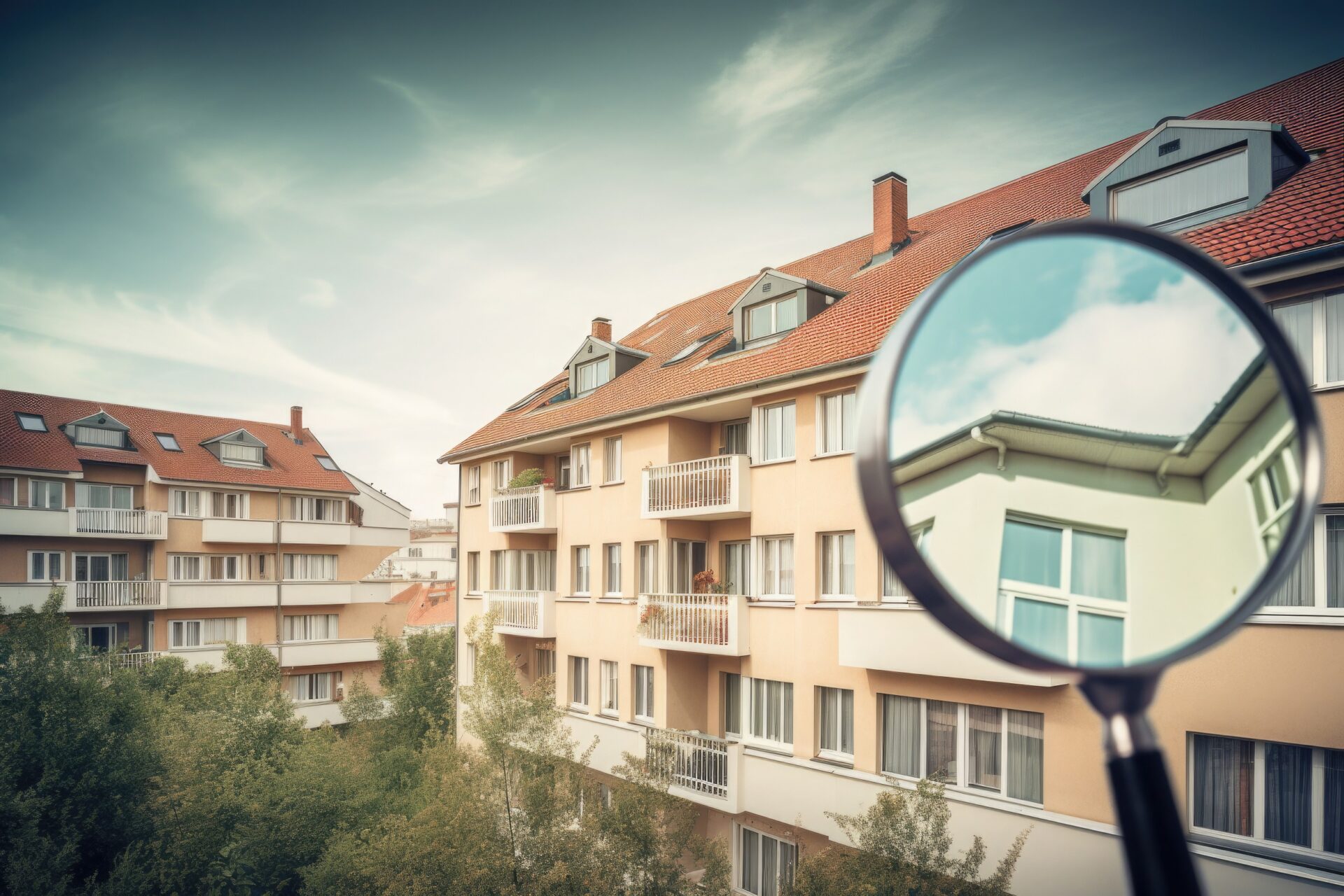 Magnifying glass near residential building.